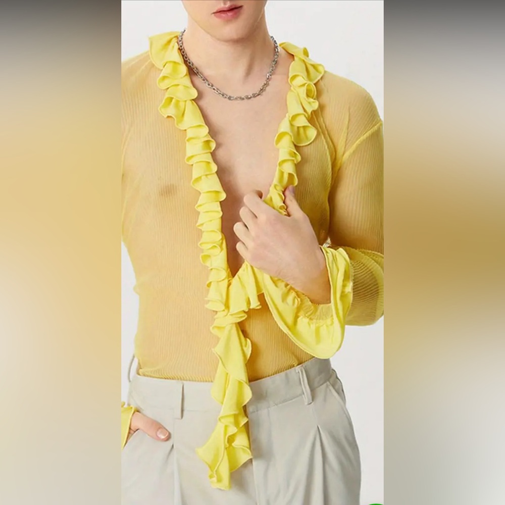 MENS Incerun Brand Long Sleeve Ruffled Sheer Shirt Size L